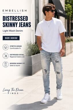 Embellish Distressed Skinny Jeans Men's Light Wash Denim Stretch 32x32